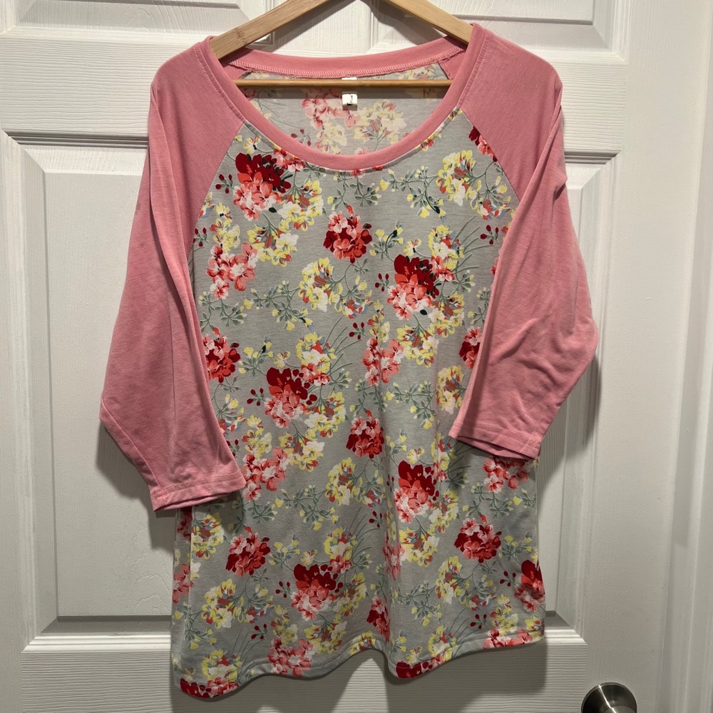 Orinda Women 2X Floral Raglan Top Pink Grey 3/4 Sleeve Baseball Tee Shirt